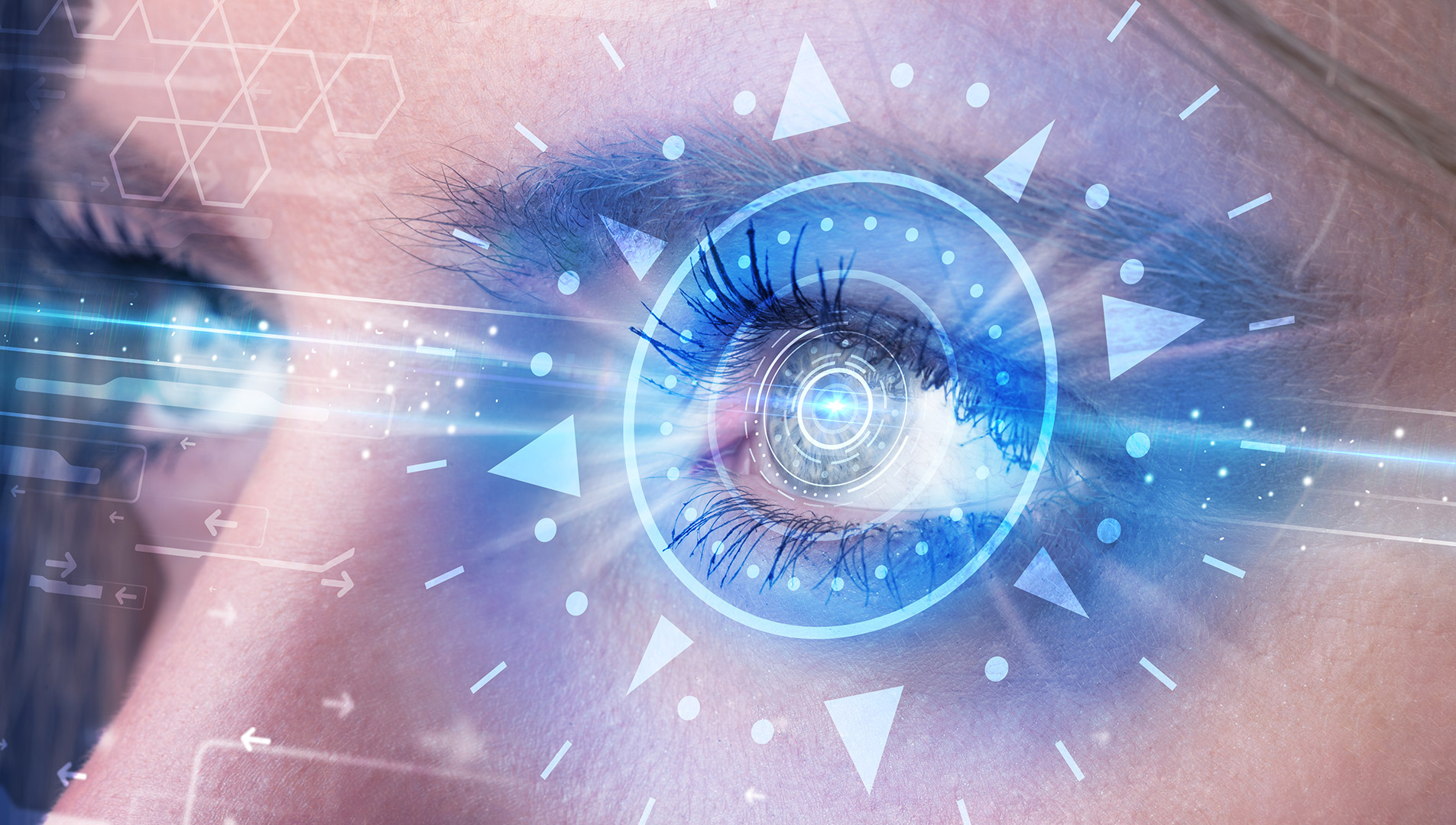 A light blue hologram emanates from a woman’s eye.